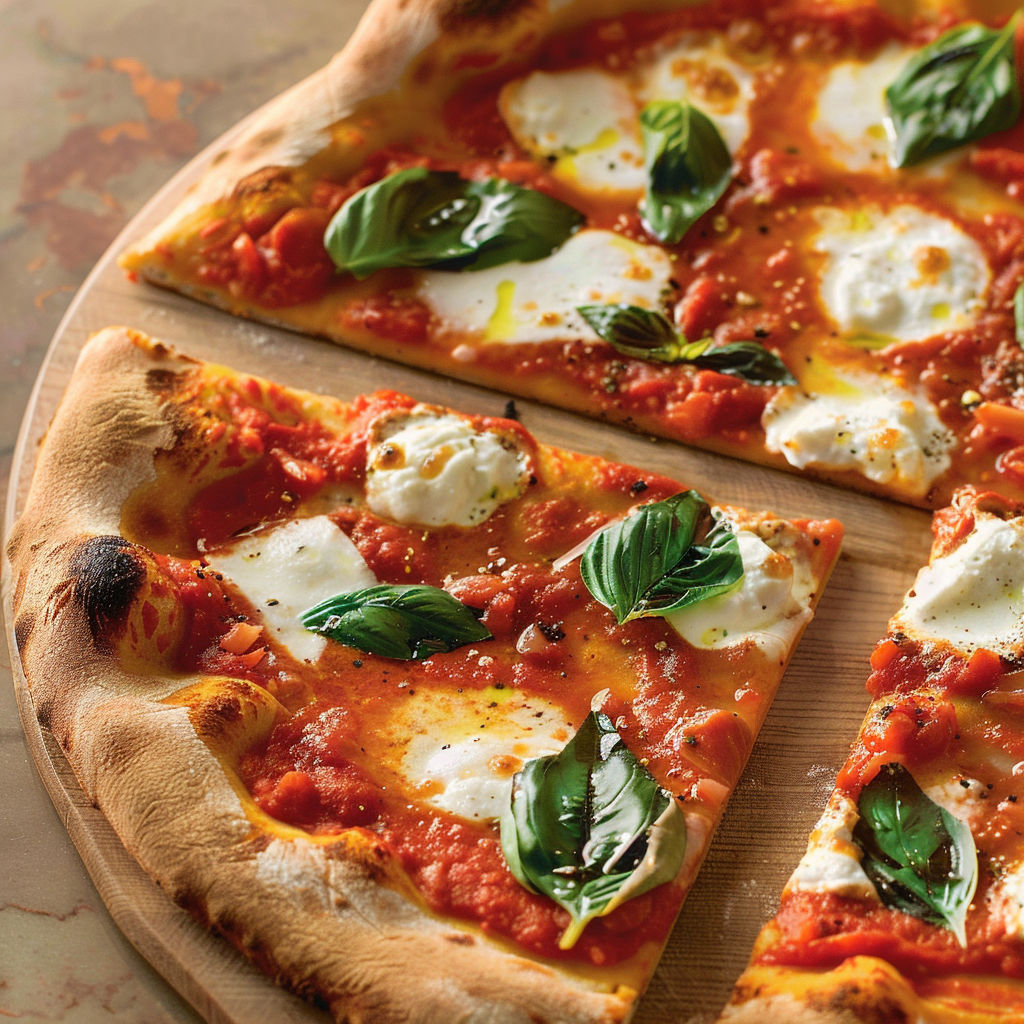 Une pizza Margherita fine et croustillante garnie d'herbes et tomates sur un plateau en bois.