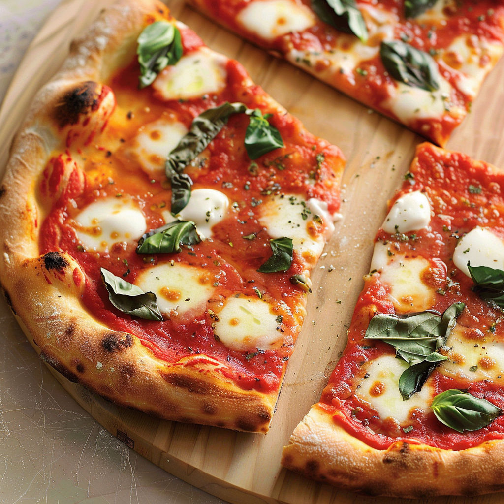 Une délicieuse pizza Margherita faite maison parsemée de feuilles de basilic.