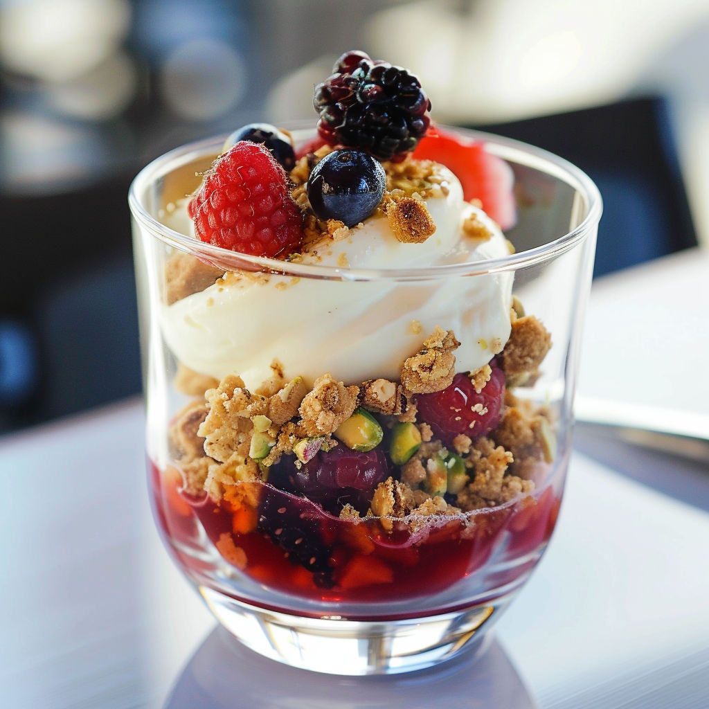 Délicieux dessert en verrine avec pistaches, crème légère et fruits frais.