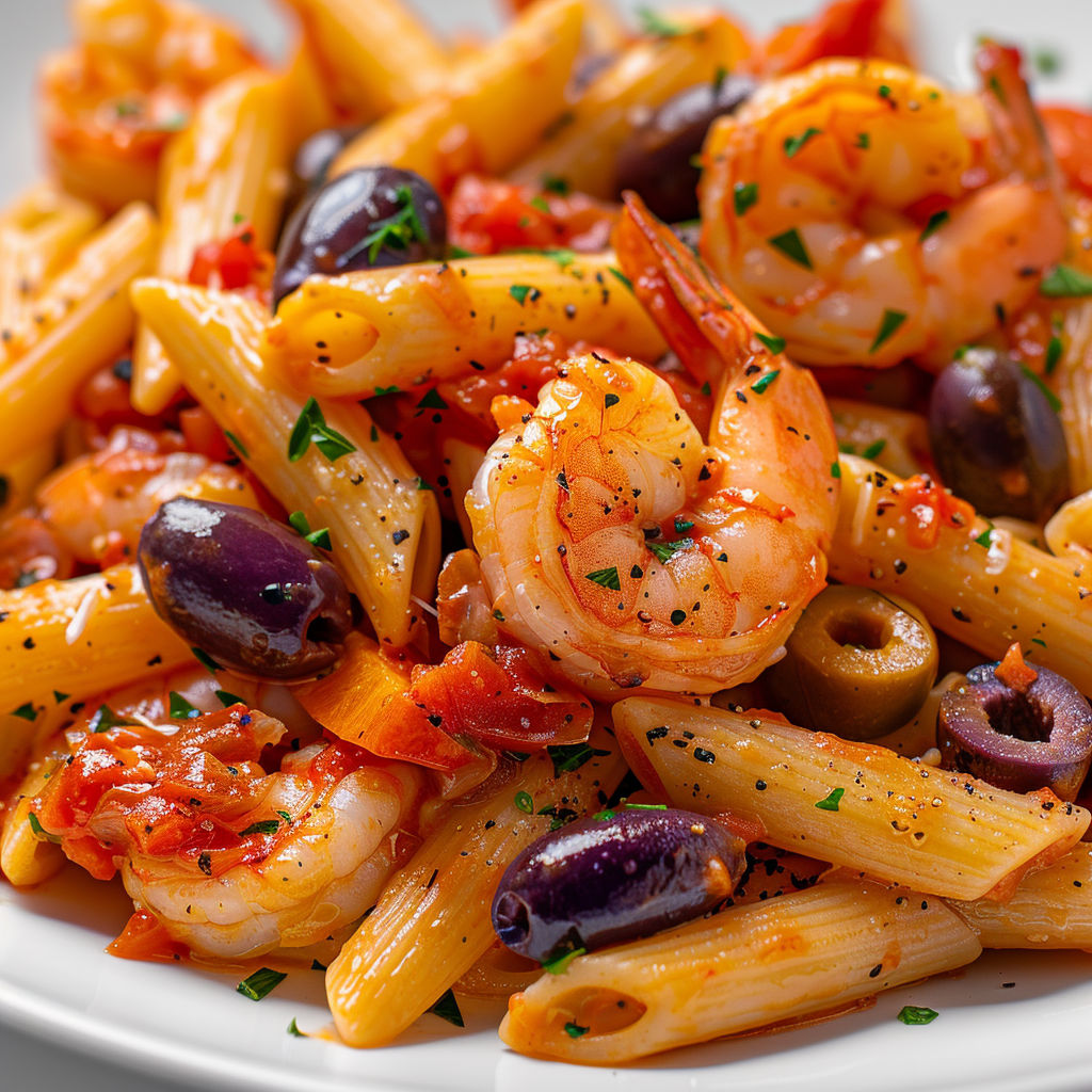 Un plat de pâtes agrémentées de crevettes et olives, avec des herbes fraîches sur une assiette élégante.