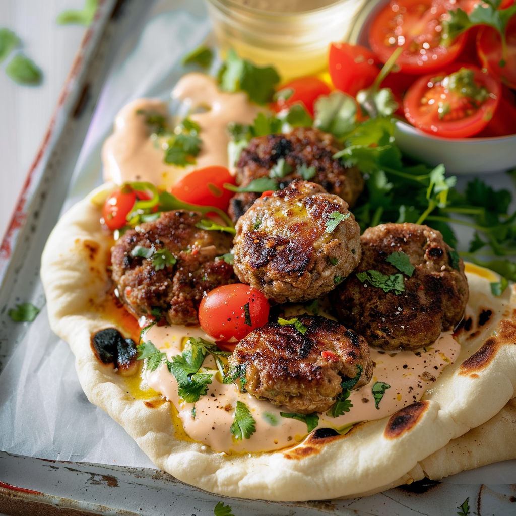 Des keftas de boeuf épicées posées sur un naan avec des tomates fraîches.