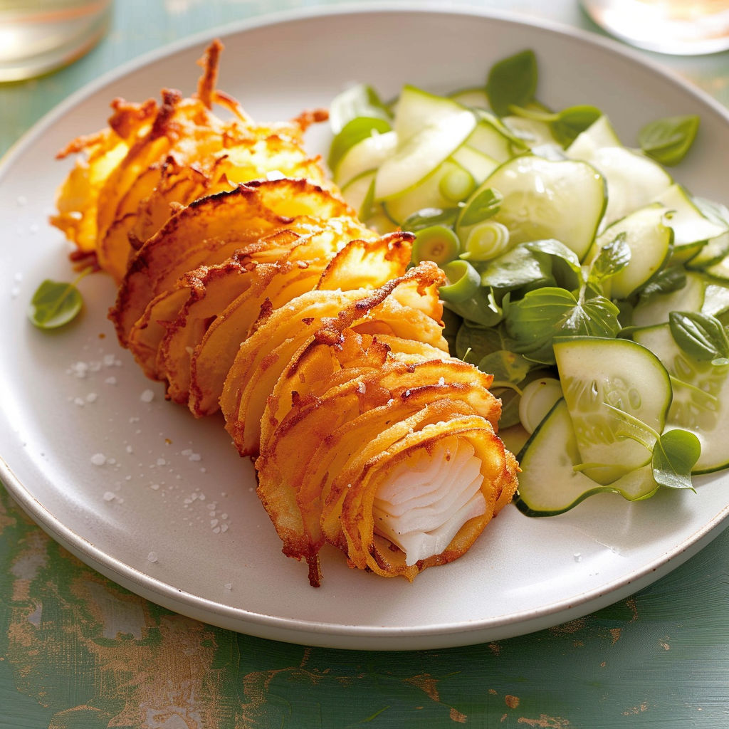 Un filet de morue délicatement entouré de spirales de pommes de terre, accompagné d’une salade fraîche et légère.