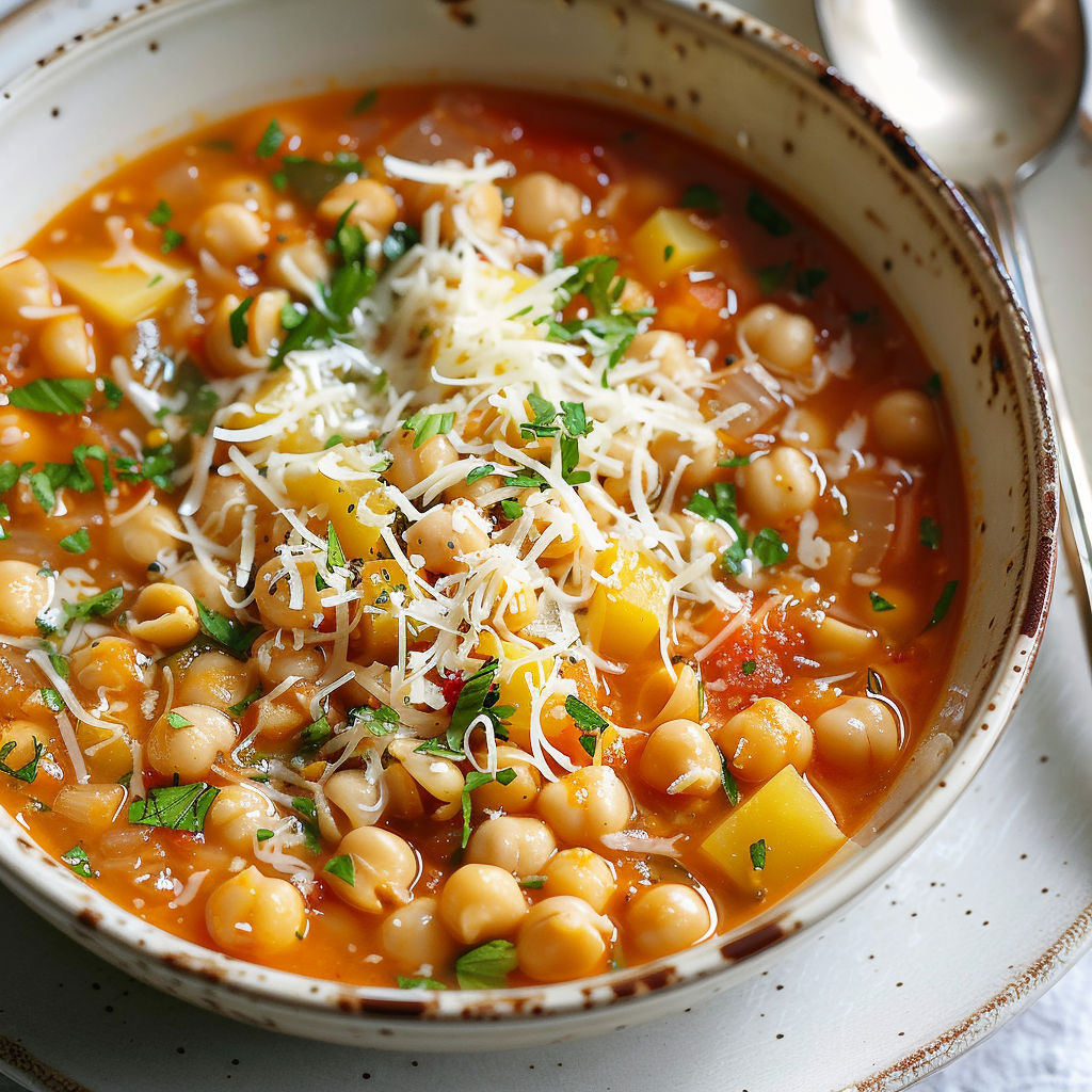 Un bol de soupe chaude avec des pois chiches et des pâtes.