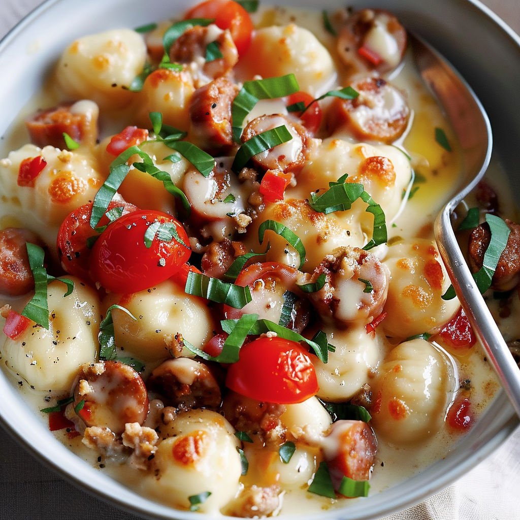 Gnocchis avec fromage, saucisse croustillante, tomates cerises et persil frais.