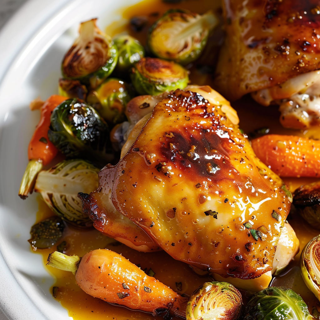Un plat de poulet rôti avec des légumes variés et une sauce au miel et à la moutarde.