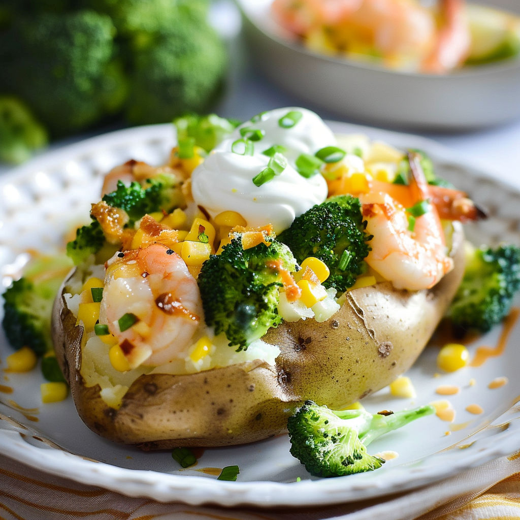 Pommes de terre dorées garnies de brocoli, maïs et petites crevettes nordiques.