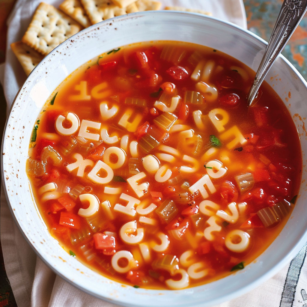 Un bol de soupe avec des pâtes alphabet.