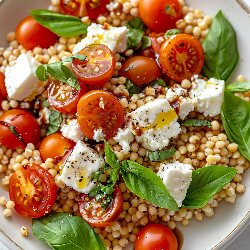 Un plat de boulgour avec du chèvre frais, des tomates cerises et des herbes fraîches comme le basilic.