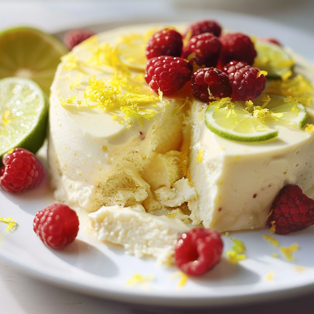 Un dessert glacé à base de citron et lime, avec des fruits frais, servi sur un plateau.