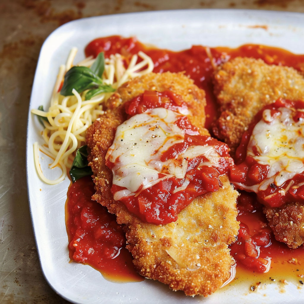 Plat de poulet croustillant à la parmigiana et tomates fondantes.