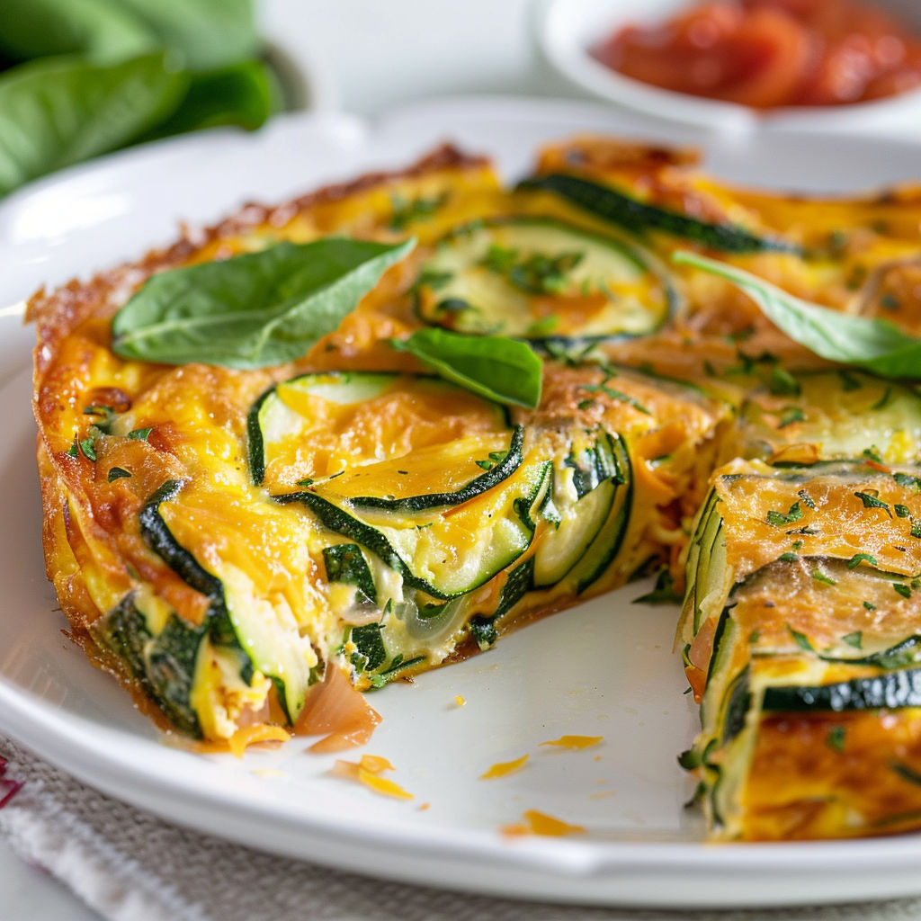 Une pièce de flan salé aux courgettes et épinards, avec une sauce tomate et un fromage râpé.