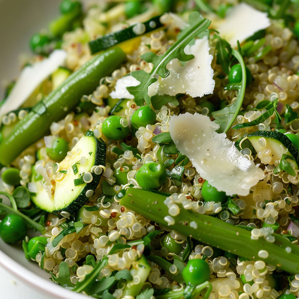 Une salade appétissante de quinoa, basilic et légumes verts variés dans un bol.