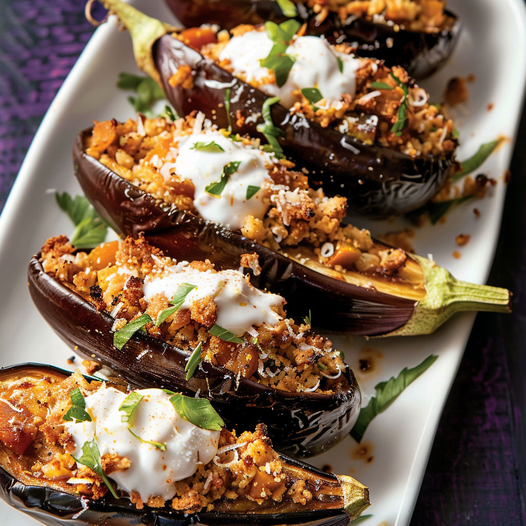 Moussaka revisitée : aubergines grillées, viande parfumée et chapelure croustillante.
