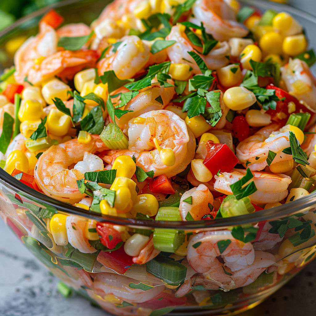 Plat de salade mélangeant crevettes nordiques et maïs dans un saladier.