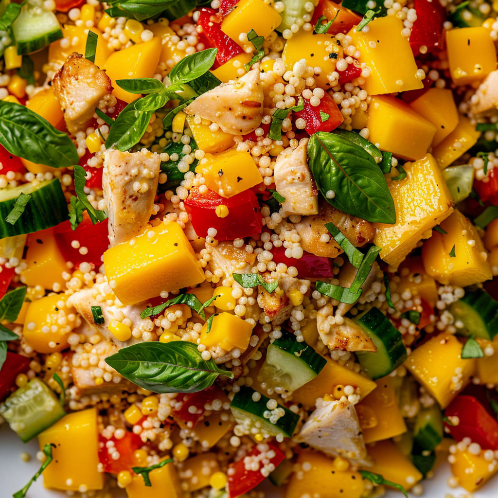 Une salade de poulet, mangue et légumes croquants, servie sur un plateau.