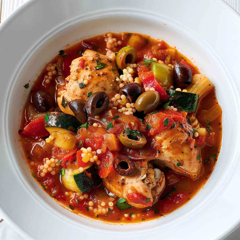 Un délicieux poulet aux olives présenté dans une assiette blanche.