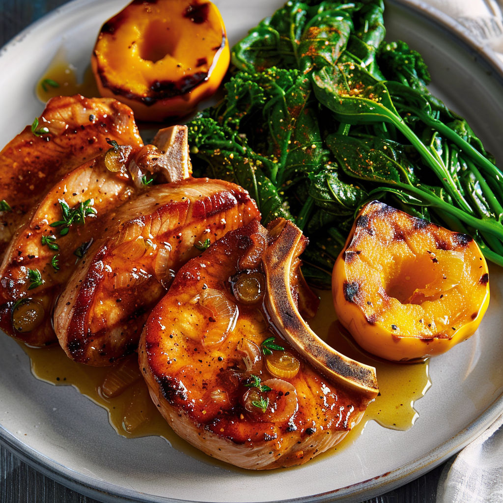 Une belle assiette avec des côtelettes de porc, des légumes verts et des fruits colorés.