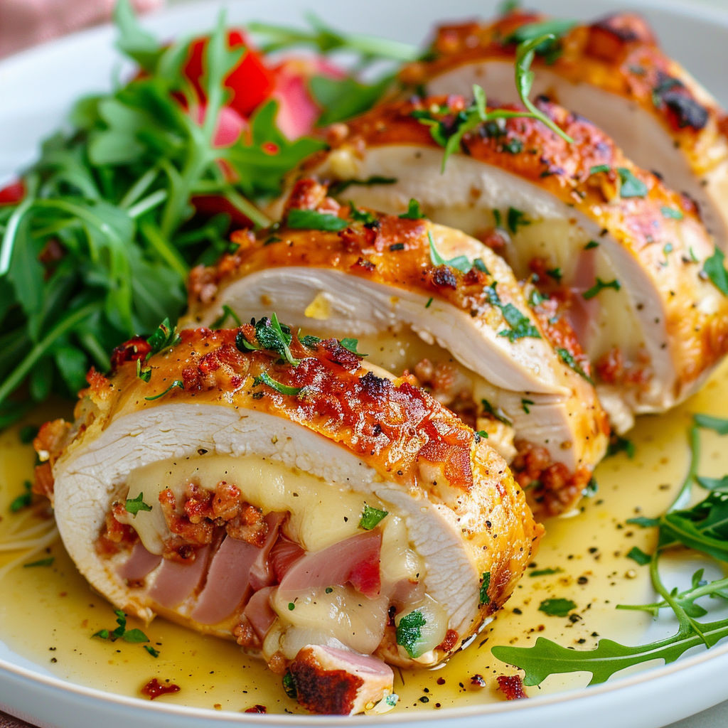Poulet gourmand au fromage Oka avec des légumes verts et herbes fraîches, prêt à être servi.