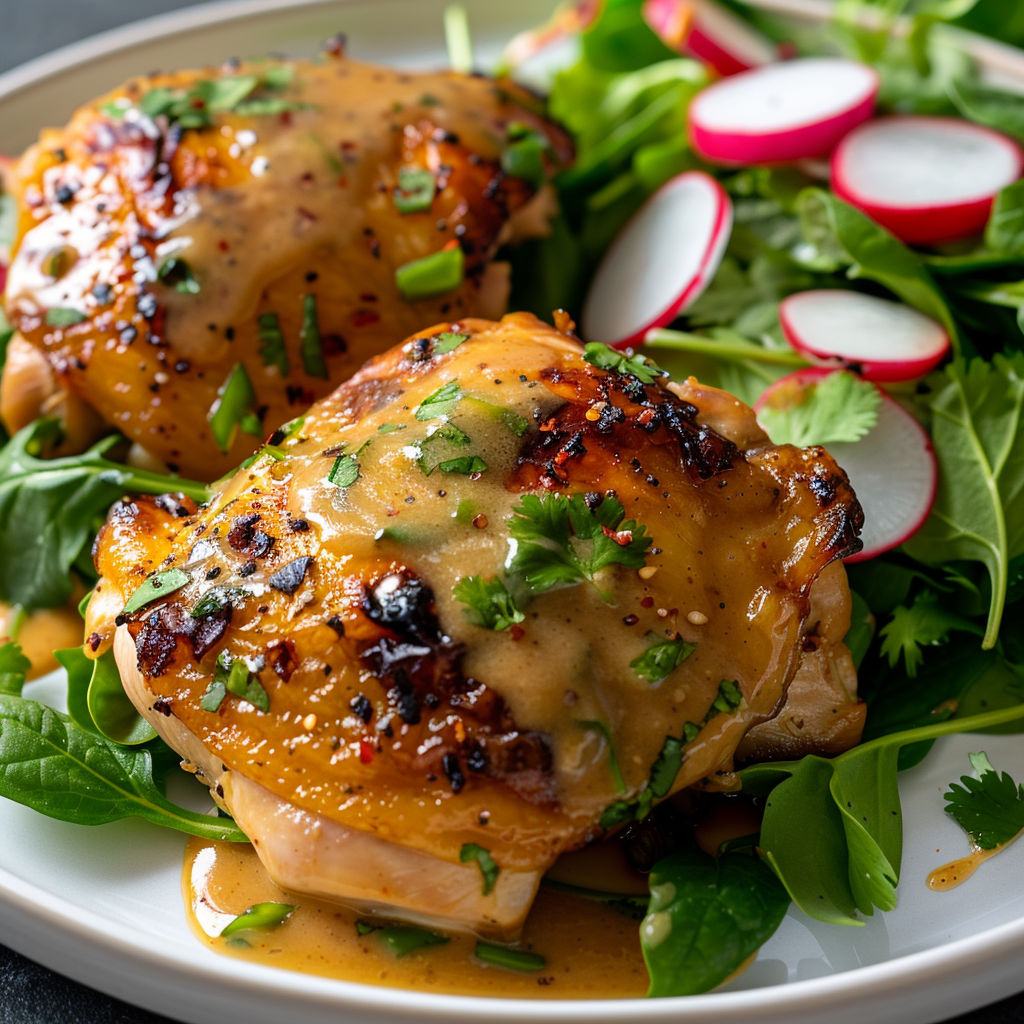 Cuisses de poulet avec une sauce à base de beurre d'arachides et d'épices.