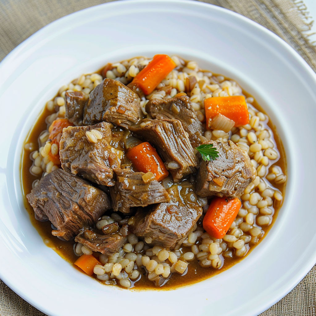 Boeuf fondant mijoté avec de l’orge perlé, des carottes et une touche de moutarde.