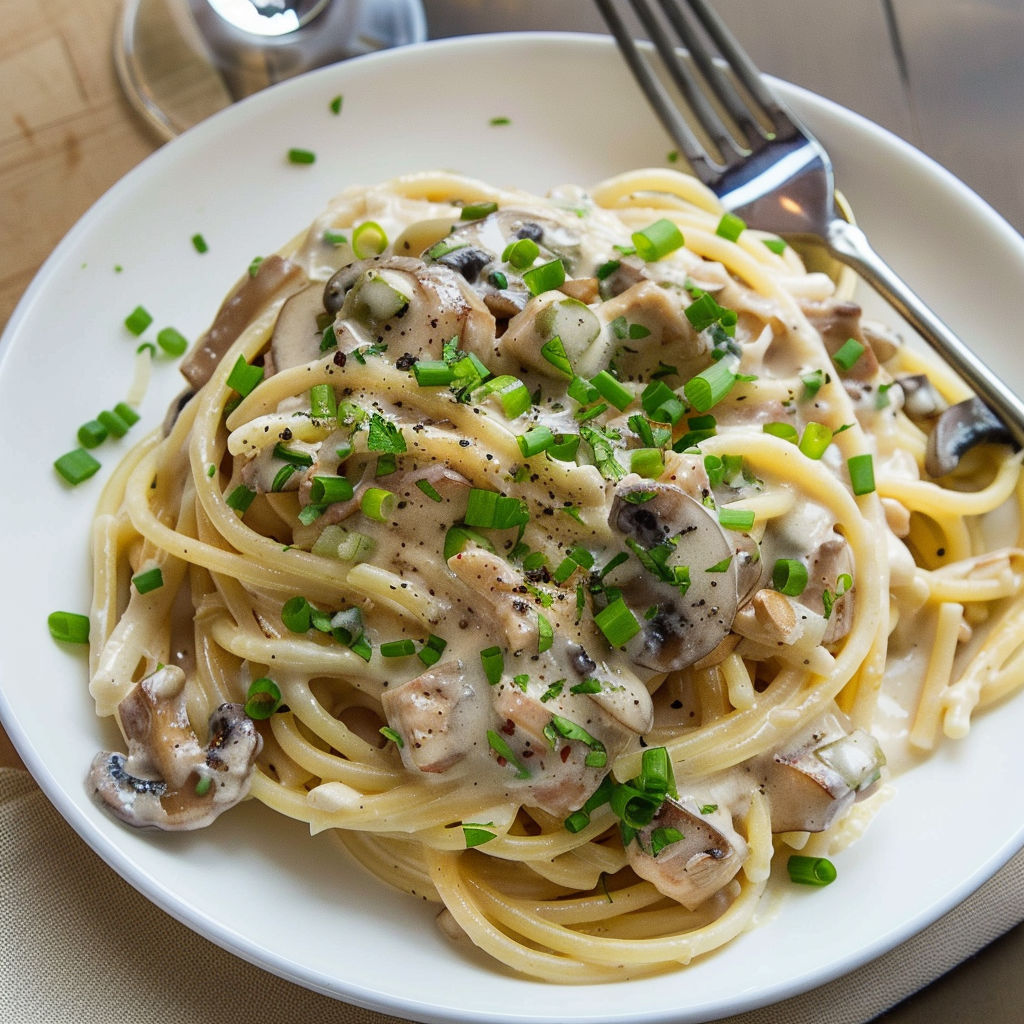 Assiette de spaghettis aux champignons et thon avec touche d’herbes vertes.