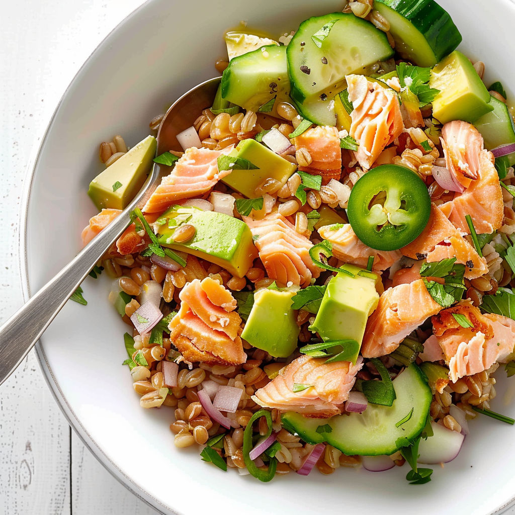 Salade fraîche d'épeautre agrémentée de saumon et d’avocat.