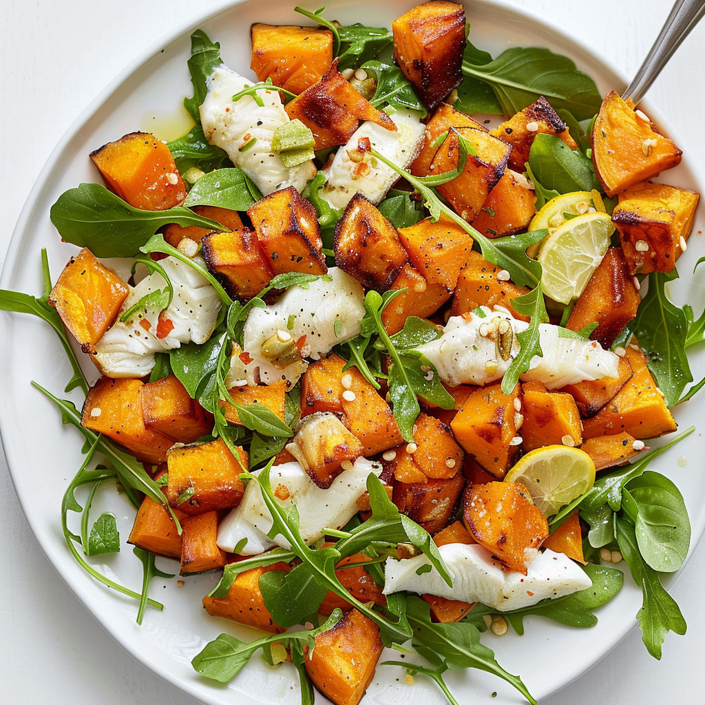 Un plat coloré avec du poisson, de la patate douce et des légumes frais, orné de basilic parfumé.