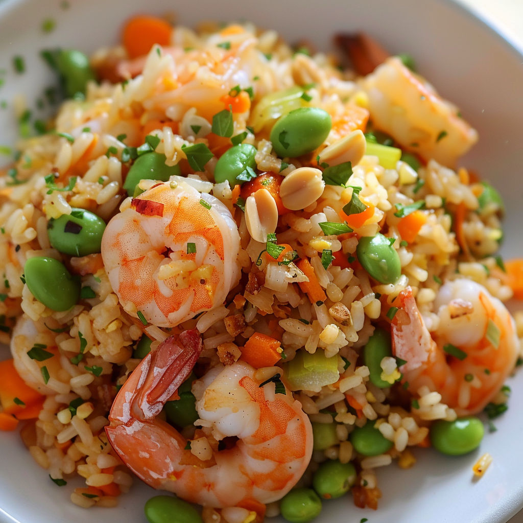 Un riz frit avec edamame et crevettes, appétissant et coloré, servi dans un bol classique blanc.