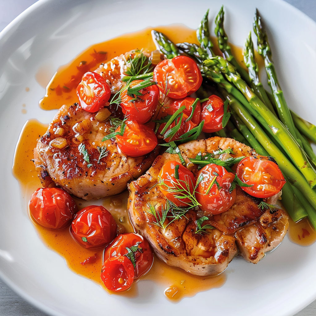 Assiette de porc avec tomates et asperges, nappée d’une sauce parfumée.