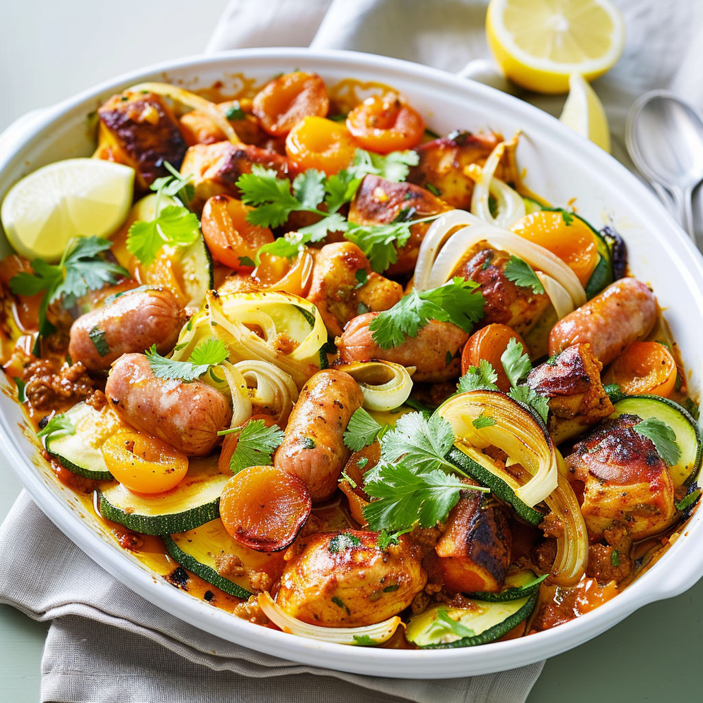 Une plaque avec poulet, merguez et légumes aux épices, prêt à déguster.
