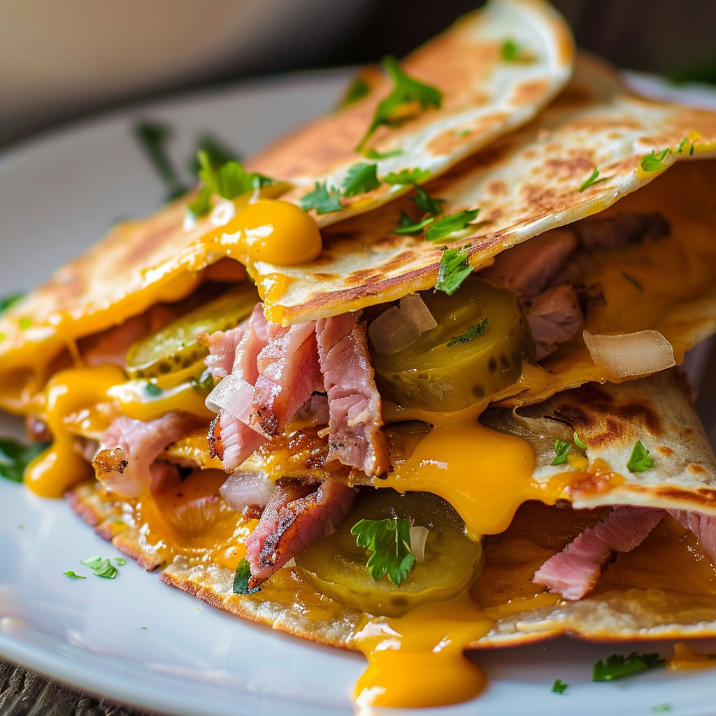 Quesadilla fumée et cheddar bien fondant saupoudrée d'herbes, servie avec des légumes.