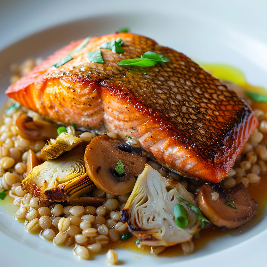 Salmon en sauce au citron" - une vue de dessus de la viande de saumon avec des légumes et des herbes, servie sur une assiette blanche.