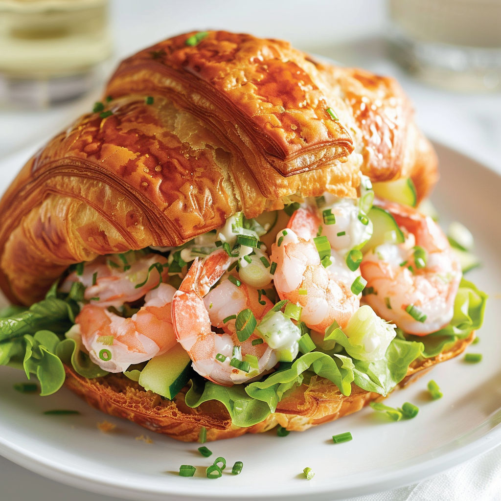 Une sandwich au croissant et aux légumes, avec des cucumbers et des herbes vertes.