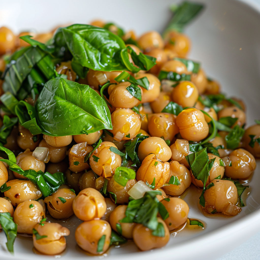 Des pois chiches dorés avec des oignons verts et du basilic, sur une assiette élégante.