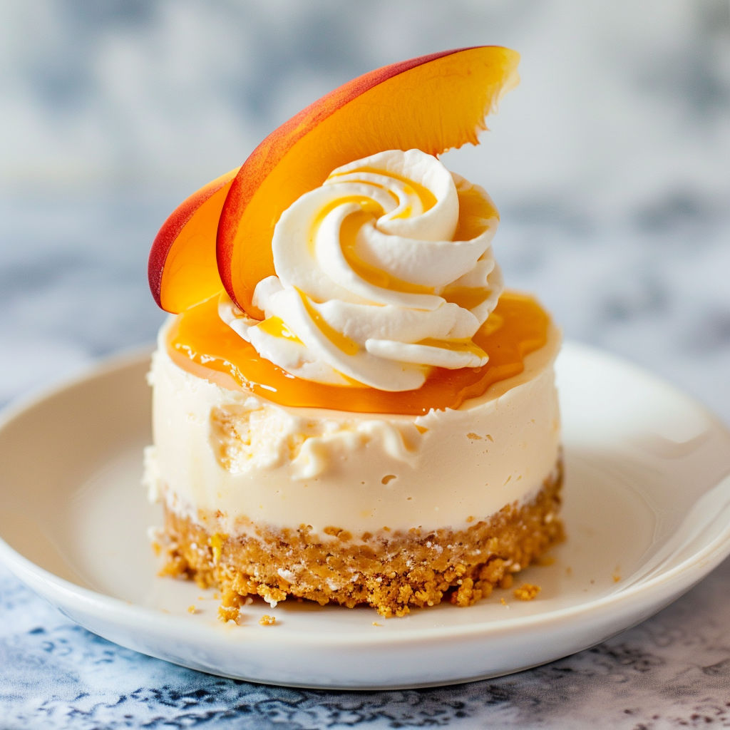 Délicieuses bouchées de cheesecake à la pêche, présentées sur un élégant plateau.