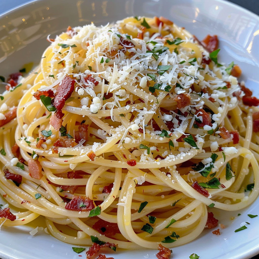 Plat de spaghettis garnis de bacon croquant, de piment et de fromage pecorino, présenté sur un plateau.
