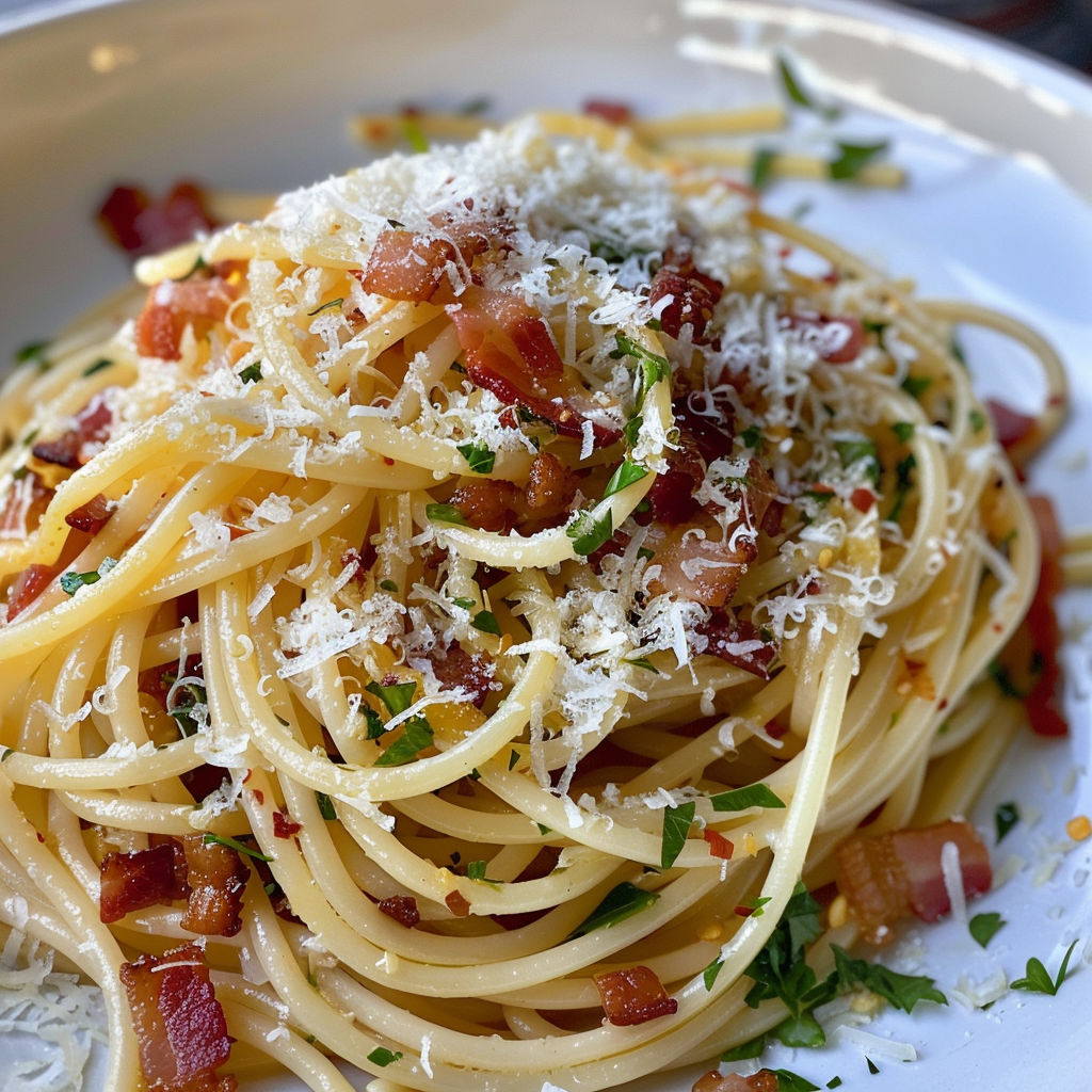 Un tas de spaghetti avec du bacon et des herbes fraîches.
