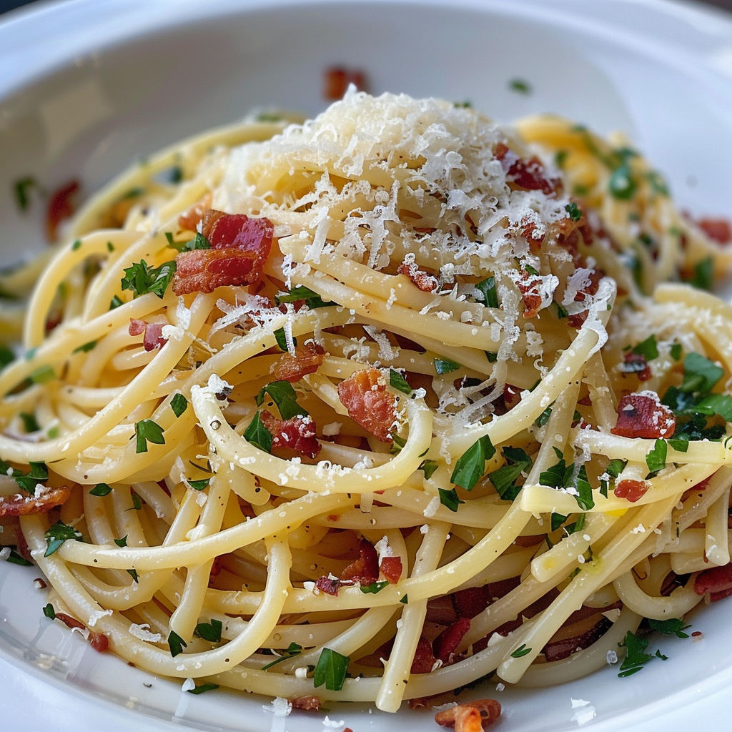 Un plat de spaghetti garni d'herbes et de bacon, nappé de sauce rouge.