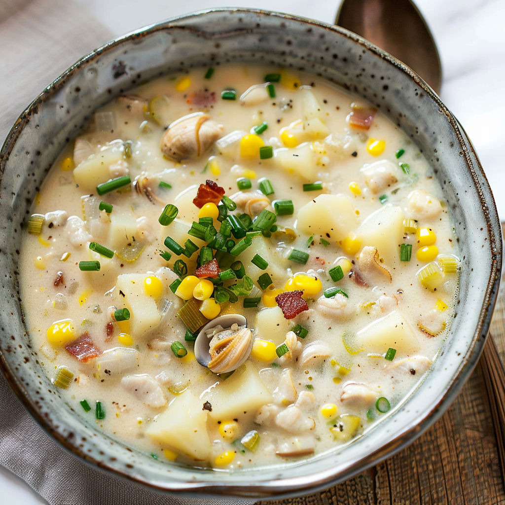 Un bol rustique contenant une soupe aux légumes et au poisson avec des palourdes et des épinards.
