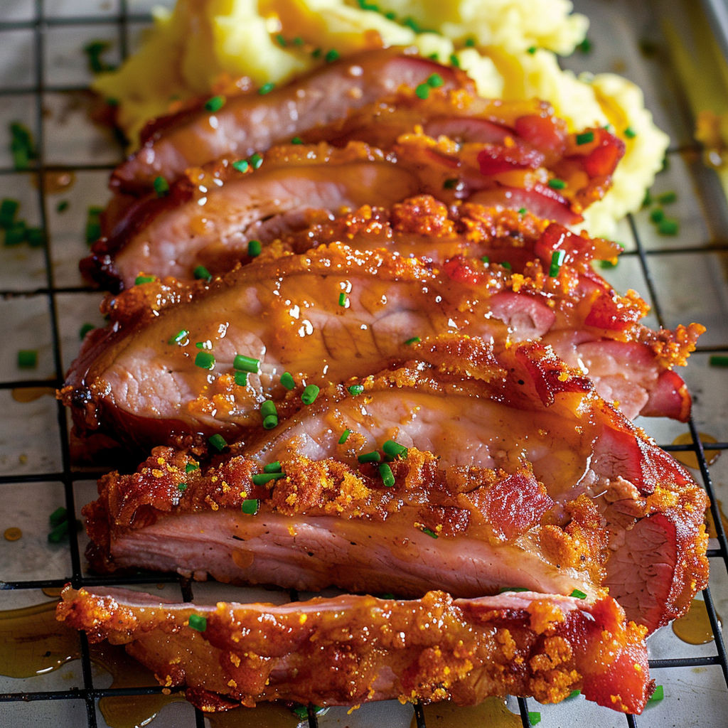 Médaillons de porc en croûte croquante de bacon avec sauce miel-moutarde.