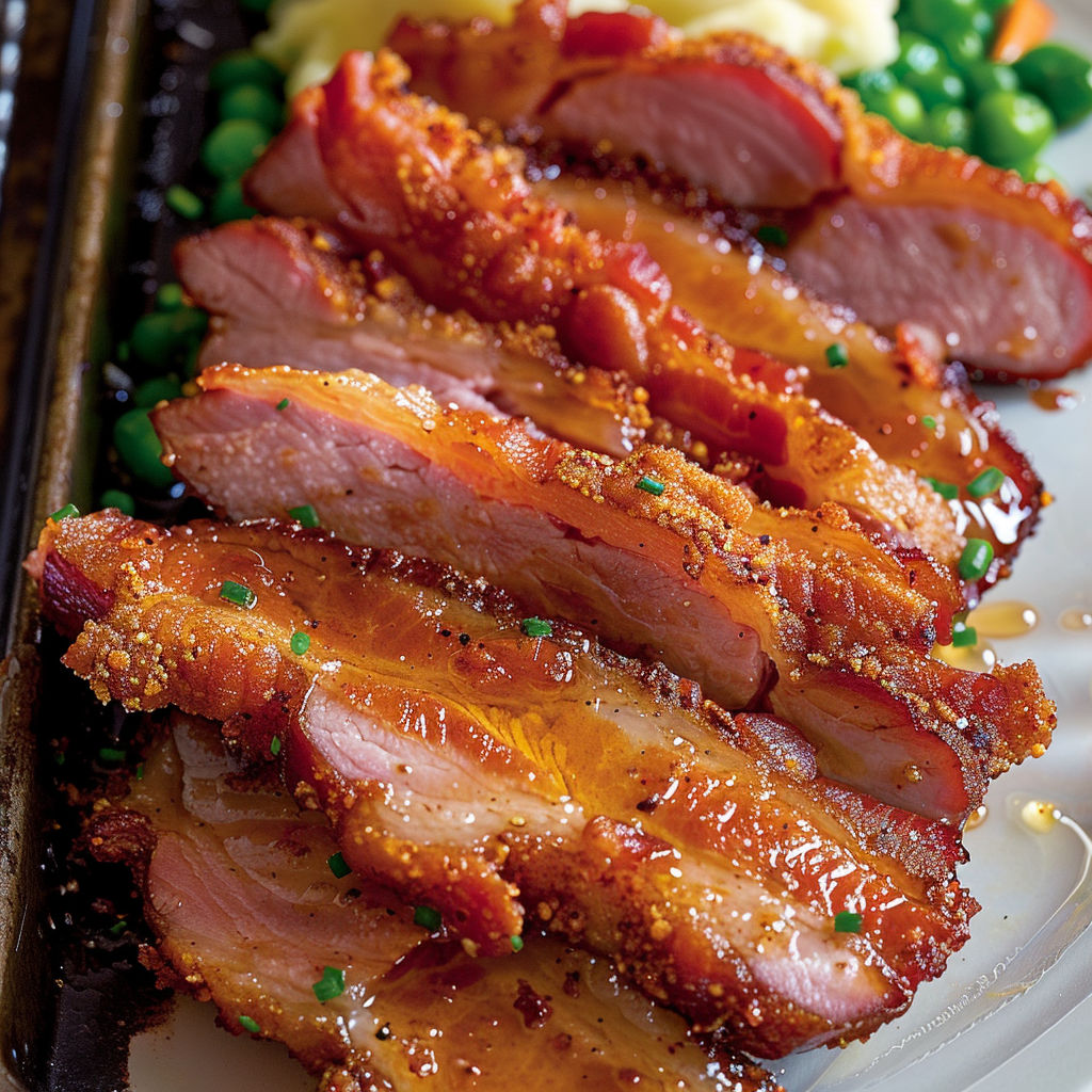 Une tranche de porc avec sa croûte dorée au bacon, miel et herbes fraîches, présentée sur un plat.