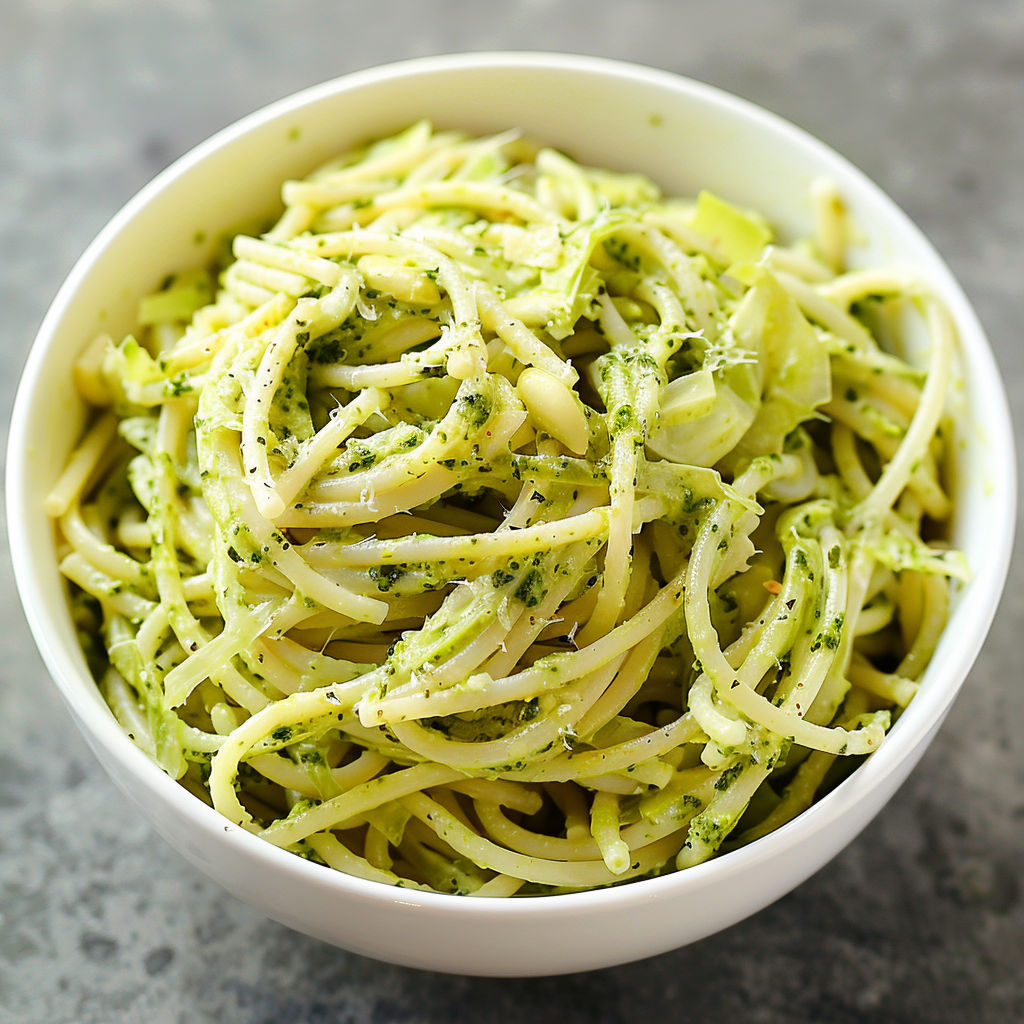 Bol de spaghettis avec chou croquant.