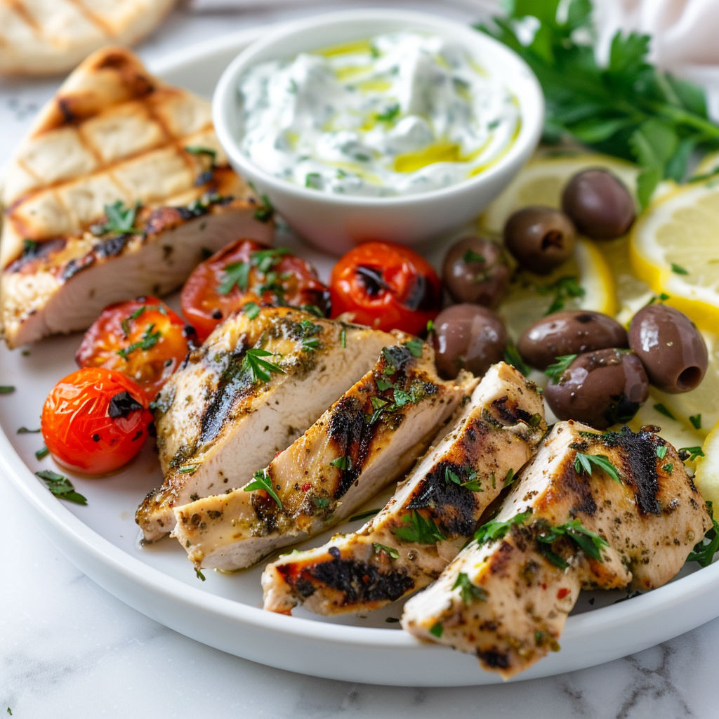 Du poulet grillé servi avec des légumes colorés et une sauce grecque.