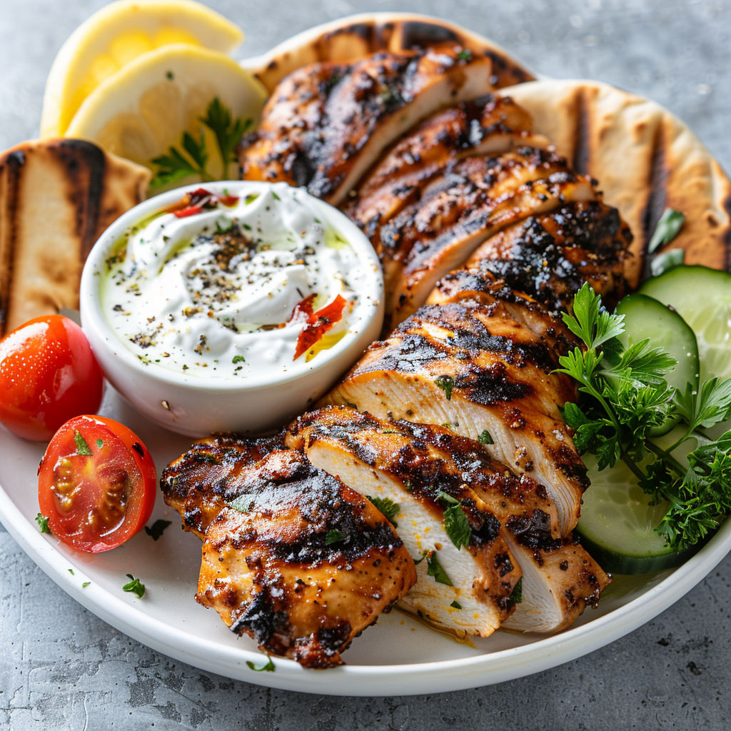 Un poulet mariné façon méditerranée est servi sur un plateau avec des légumes et une sauce.