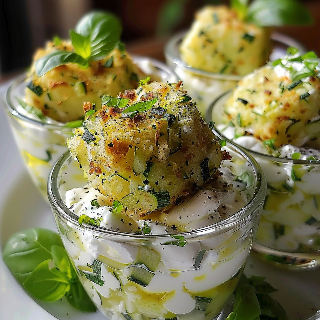 Une recette de salade de concombre et de pommes de terre, servie dans des verres.