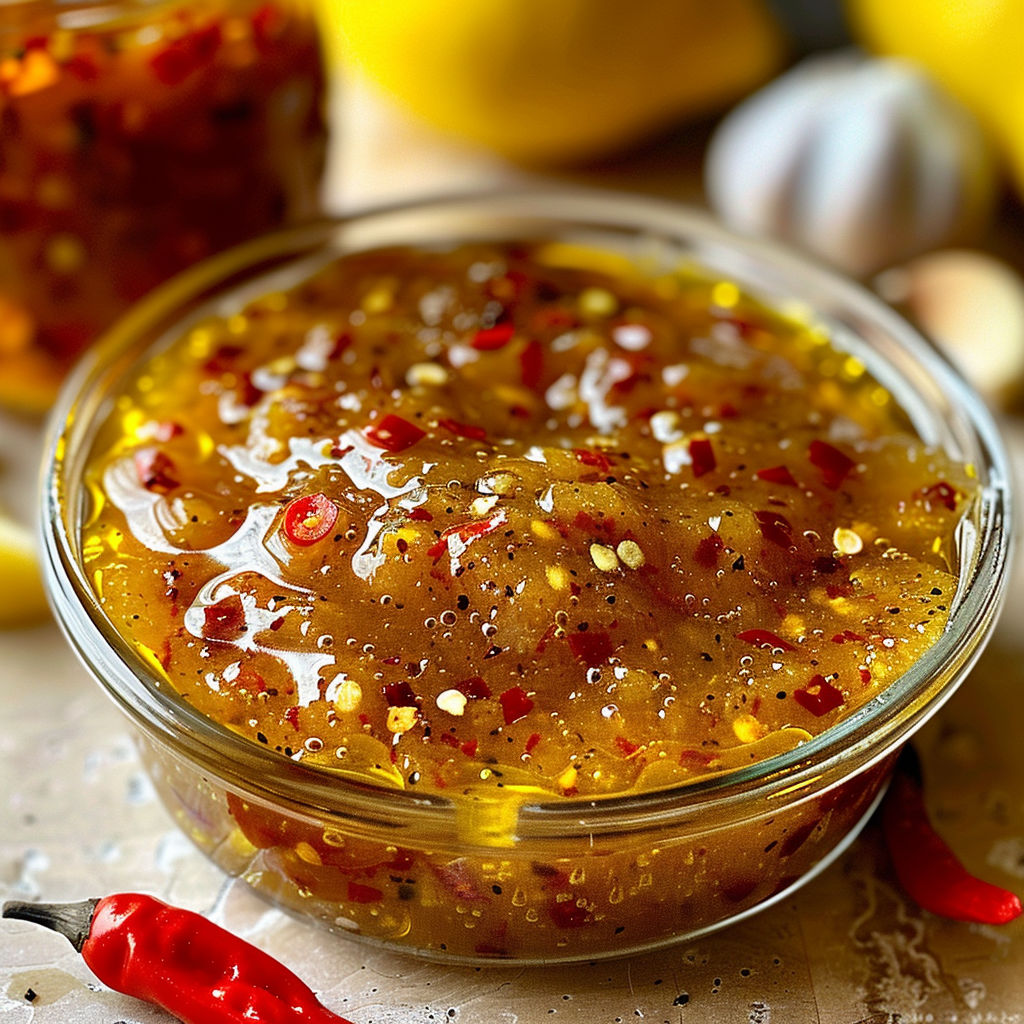 Un bol contenant une sauce douce et relevée au miel et citron.