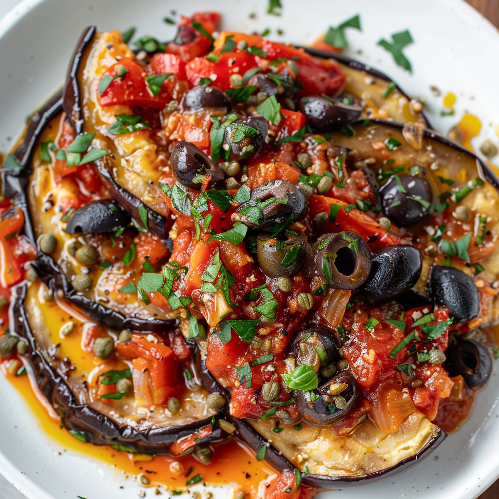 Un plat gourmand d’aubergines cuites avec tomates, olives et aromates, idéal pour une expérience méditerranéenne en famille.
