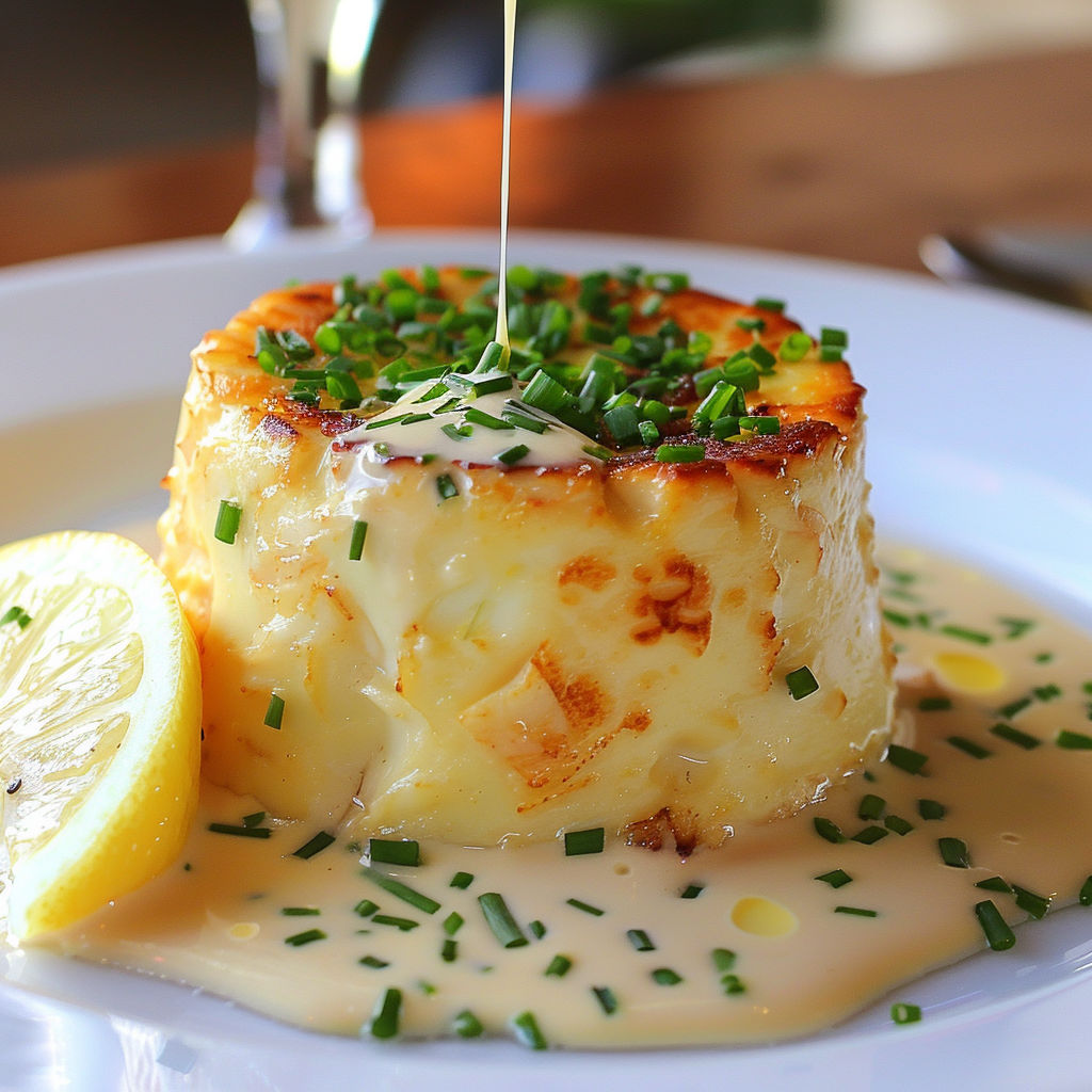 Flan au crabe accompagné d'une sauce ciboulette et d'un citron frais.