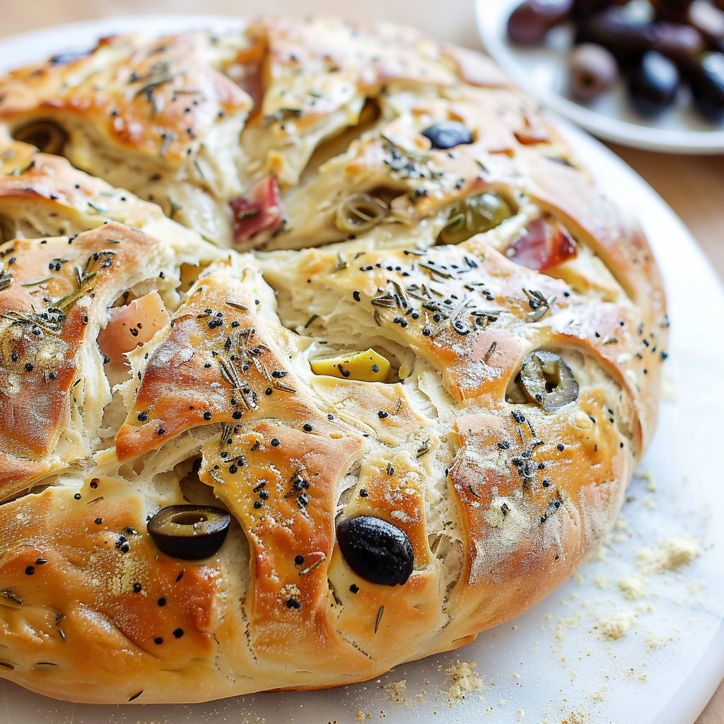 Préparation d’une fougasse aux olives et lardons, prête pour le four.