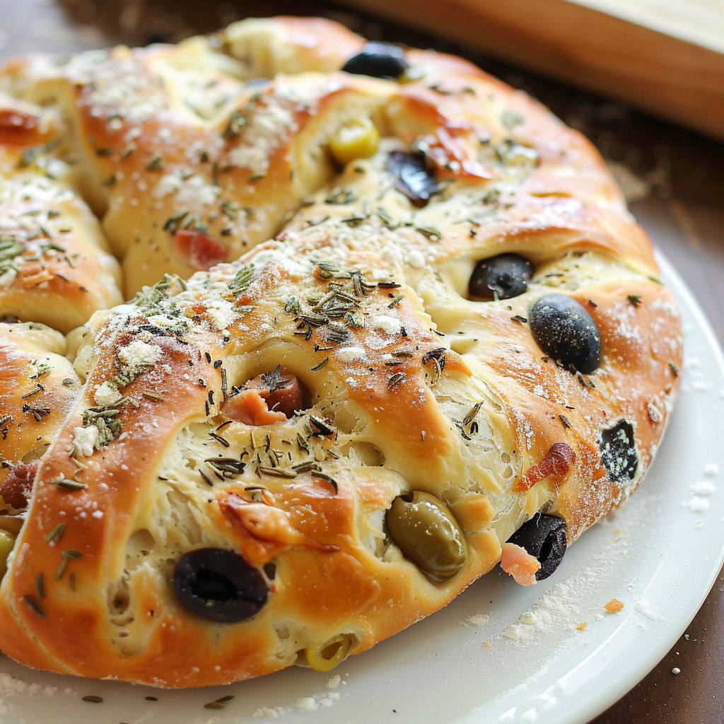 Une pâte à pain maison garnie d'olives et verdure, présentée sur un plateau rustique.